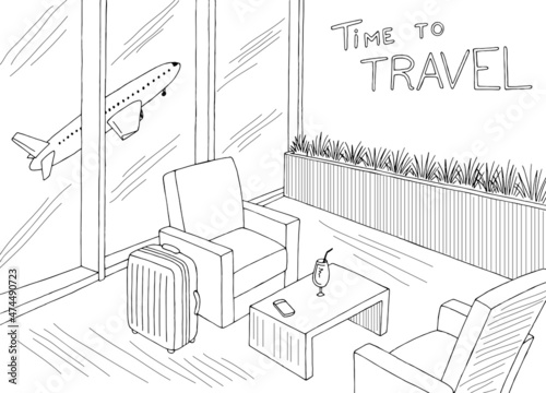 Airport interior graphic black white sketch illustration vector 