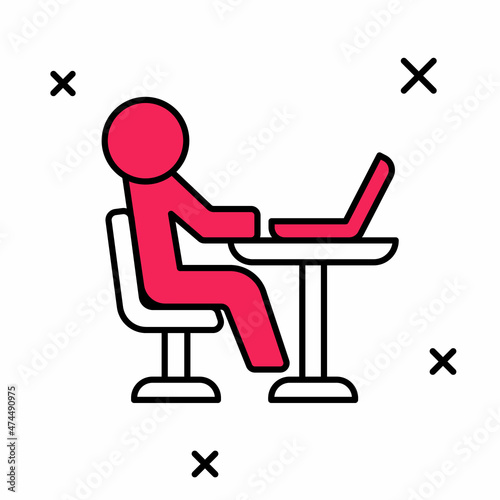 Filled outline Freelancer icon isolated on white background. Freelancer man working on laptop at his house. Online working, distant job concept. Vector