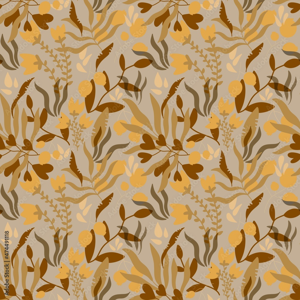 Fototapeta premium Seamless floral pattern with leaves, berries and seeds for fabrics and textiles 