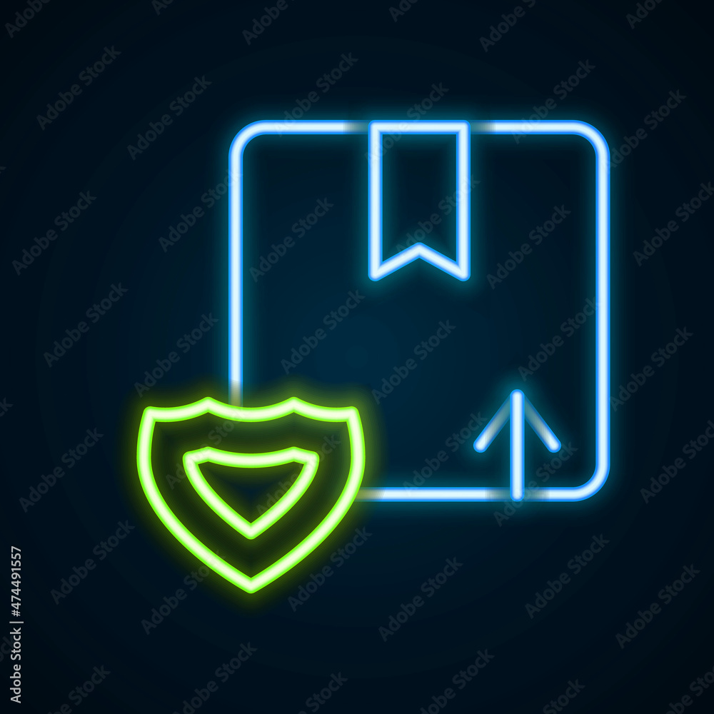 Glowing neon line Delivery security with shield icon isolated on black background. Delivery insurance. Insured cardboard boxes beyond the shield. Colorful outline concept. Vector Glowing neon line Delivery security with shield icon isolated on black background. Delivery insurance. Insured cardboard boxes beyond the shield. Colorful outline concept. Vector