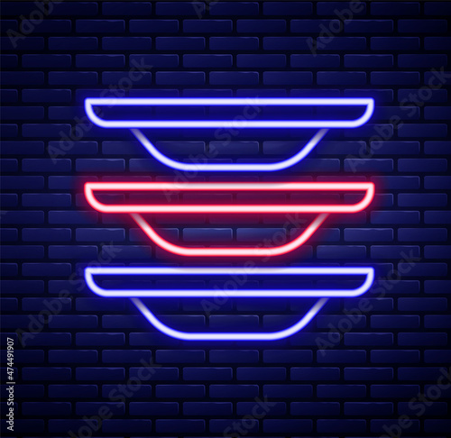 Glowing neon line Washing dishes icon isolated on brick wall background. Cleaning dishes icon. Dishwasher sign. Clean tableware sign. Colorful outline concept. Vector