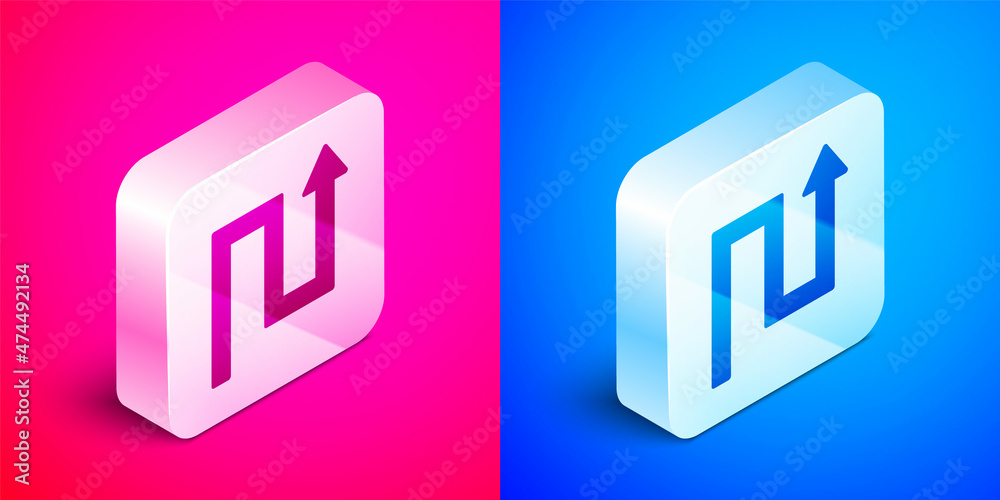 Isometric Arrow icon isolated on pink and blue background. Direction Arrowhead symbol. Navigation pointer sign. Silver square button. Vector Isometric Arrow icon isolated on pink and blue background. Direction Arrowhead symbol. Navigation pointer sign. Silver square button. Vector