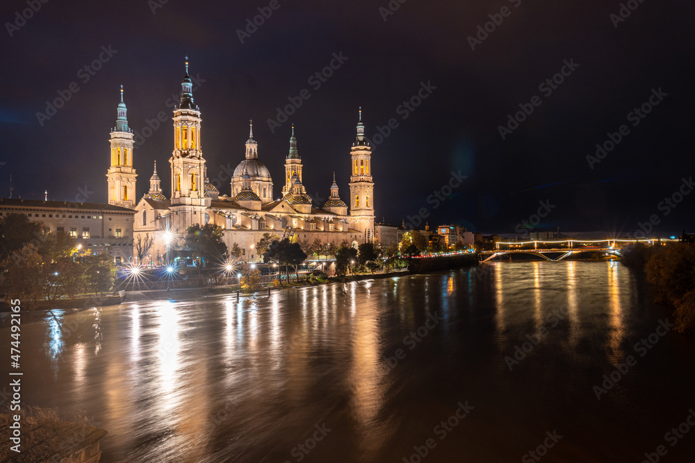Long exposure at night in the Basilica of Nuestra Señora del Pilar on the Ebro river in the city of Zaragoza, Aragon. Spain