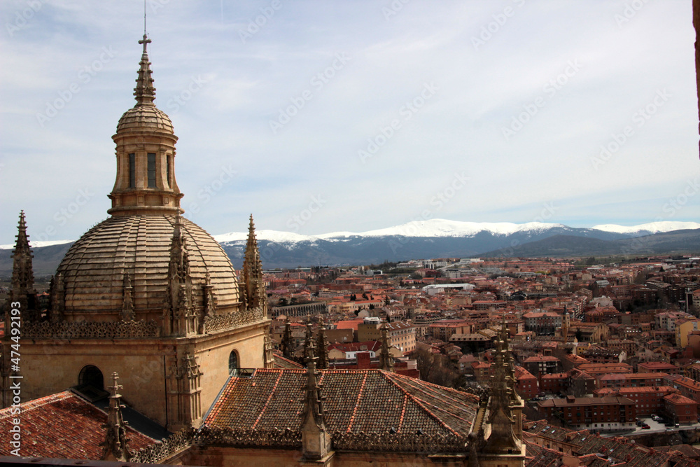 General view of Segovia and the snow-capped Navacerrada mountain range, from a tower of the cathedral.