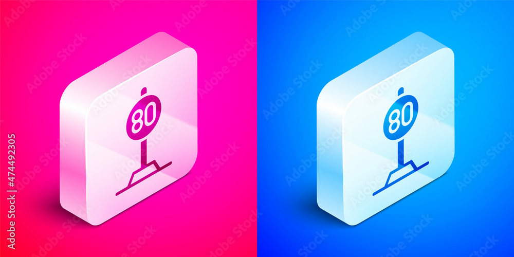 Isometric Speed limit traffic sign 80 km icon isolated on pink and blue background. Silver square button. Vector