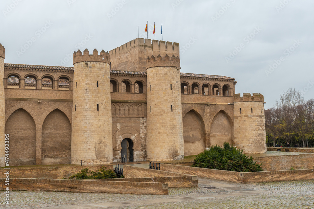 Entrance of the Palace of the Aljaferia of the hudie kings of Saraqusta in the city of Zaragoza, next to the Ebro river in Aragon. Spain