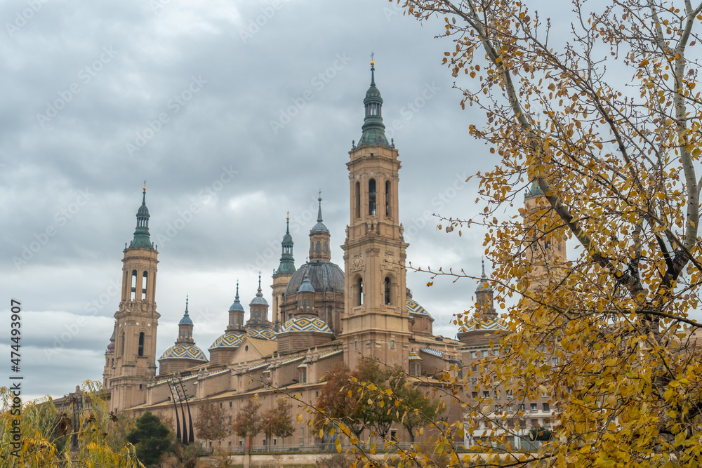 Towers of the Basilica de Nuestra Señora del Pilar from the Ebro river in the city of Zaragoza, Aragon. Spain