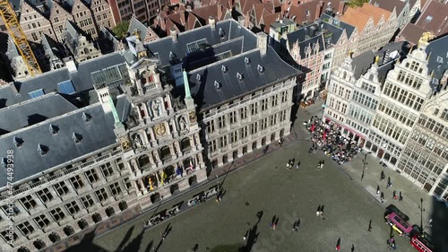 Aerial view of Grote Markt in English Great Market Square of Antwerp is situated in heart of the old quarter it is filled with an extravagant city hall and 16th century guildhalls and cathedral 4k photo