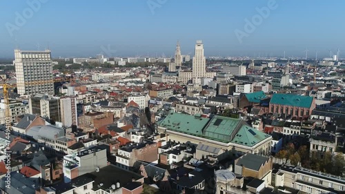 Aerial view of Antwerp cityscape and Bourla Theatre also known as Bourlaschouwburg located in city center the building is designed in a neoclassical style on the site of the former tapestry market 4k photo