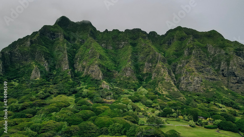 Aerial view of the beach and park at Kualoa with Ko'olau mountains, hawaii photo