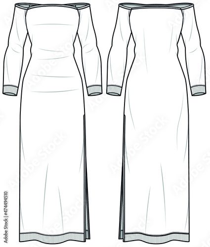 Long Sleeve Off-Shoulder Knit Dress with Side Slit Front and Back View. Fashion Illustration, Vector, CAD, Technical Drawing, Flat Sketch.	