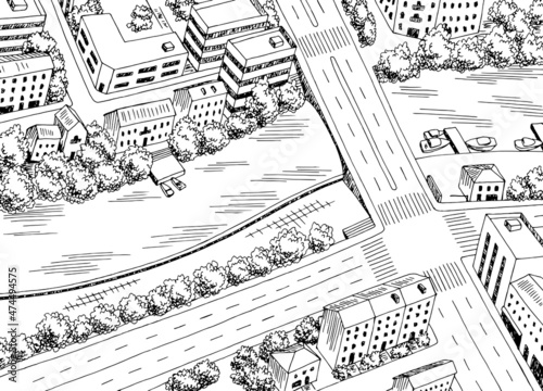 City top view from above aerial crossroad street graphic black white sketch illustration vector 