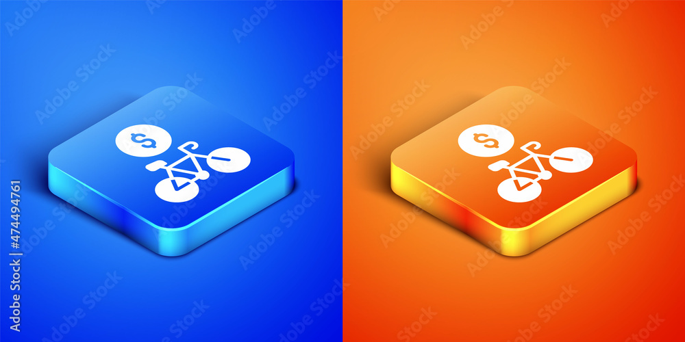 Isometric Bicycle rental mobile app icon isolated on blue and orange background. Smart service for rent bicycles in the city. Mobile app for sharing system. Square button. Vector Isometric Bicycle rental mobile app icon isolated on blue and orange background. Smart service for rent bicycles in the city. Mobile app for sharing system. Square button. Vector