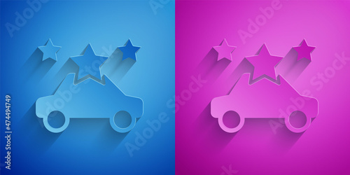 Paper cut Car sharing icon isolated on blue and purple background. Carsharing sign. Transport renting service concept. Paper art style. Vector