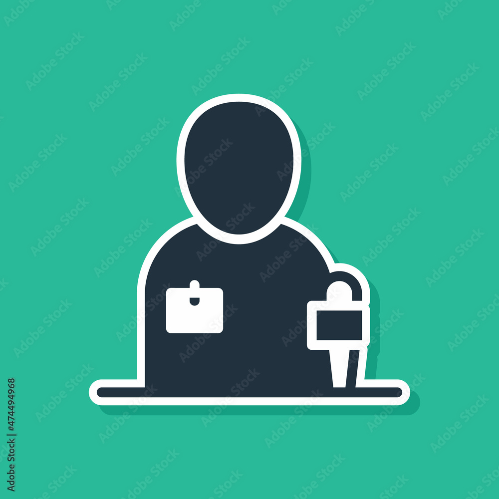 Blue Journalist news reporter with microphone icon isolated on green background. Vector Blue Journalist news reporter with microphone icon isolated on green background. Vector