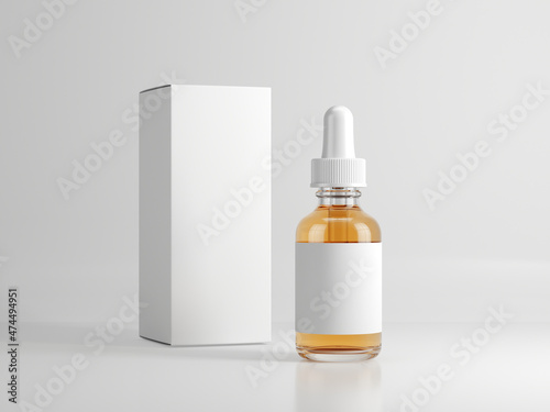 Vape bottle with liquid, blank label and box on white background. 3d rendering mockup template photo