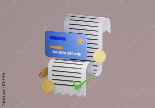 3D rendering of an invoice, bill, online payment and credit card. Payment of utility, bank, shopping and other bill, usefull for infographics