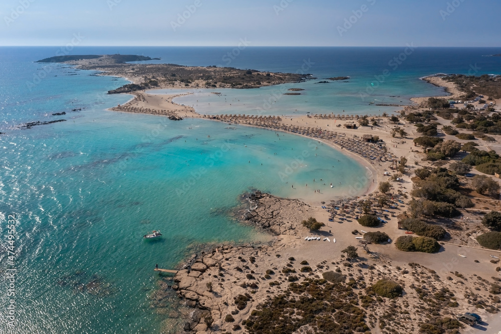 Aerial view of beautiful tropical sandy beach with turquoise water, Elafonisi beach, Crete, Greece