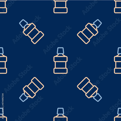 Line Mouthwash plastic bottle icon isolated seamless pattern on blue background. Liquid for rinsing mouth. Oralcare equipment. Vector