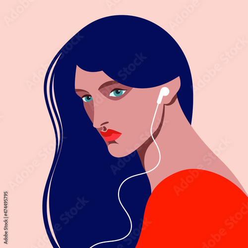 vector illustration of a beautiful woman in profile with earphones in her ears listening to a podcast, audio book or online music in trendy colors. useful for advertising music channels or podcasts.