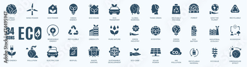 Eco solid icon set. Vector graphic glyph style pictogram package isolated on white background