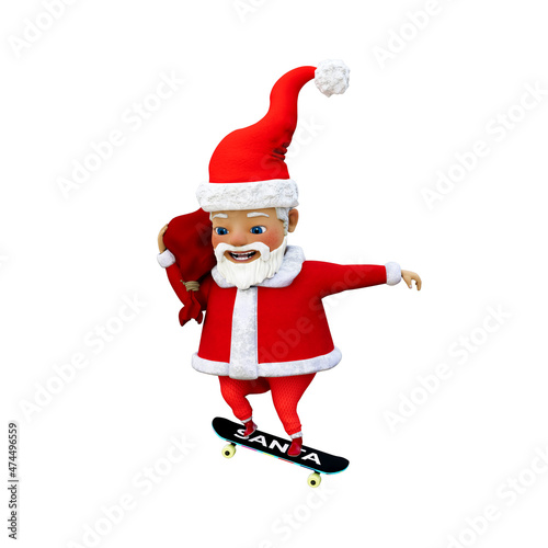 Santa Claus riding a skateboard 3d rendering