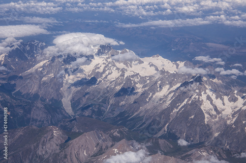 Aerial view of Mount Blanc mountain area in France on a sunny summer day