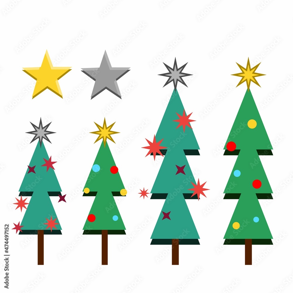 Obraz premium Asset of Christmas tree and Pair of stars, in flat design artwork