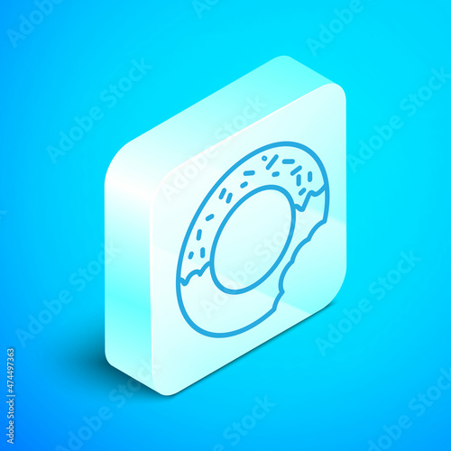 Isometric line Donut with sweet glaze icon isolated on blue background. Silver square button. Vector