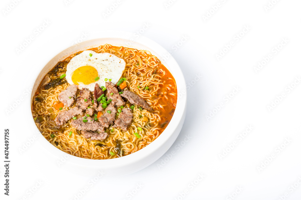 A basin of Korean instant noodles on a white background A basin of Korean instant noodles on a white background
