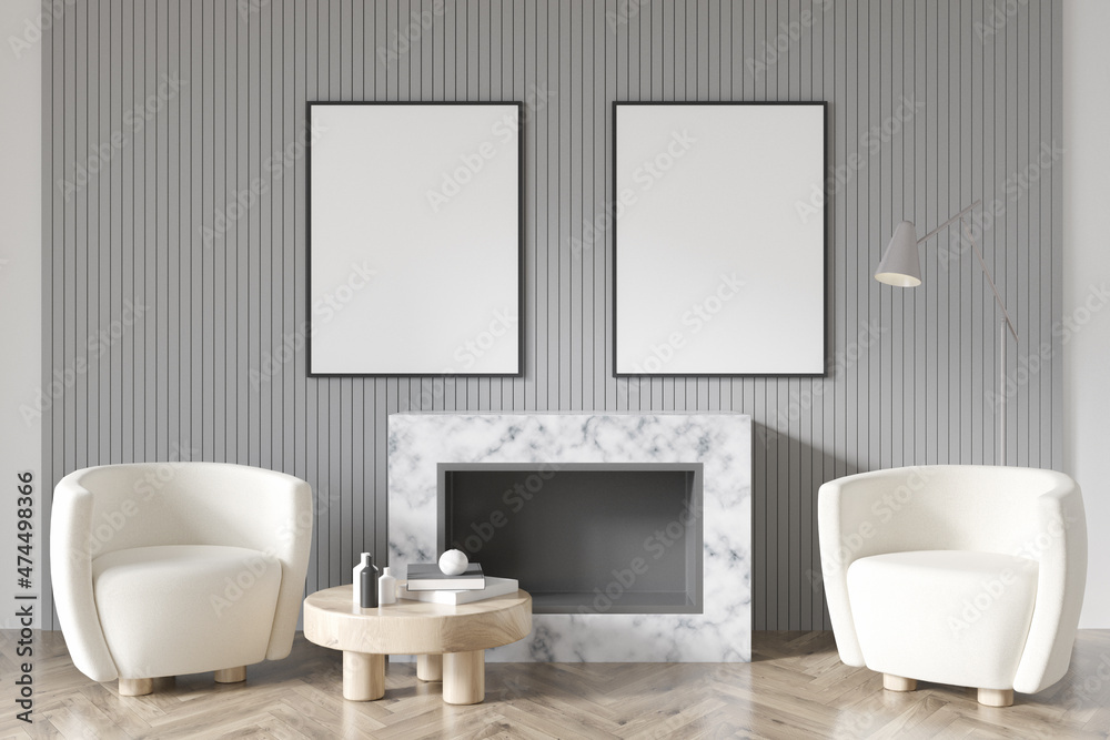 Two frames in grey and white seating area Two frames in grey and white seating area