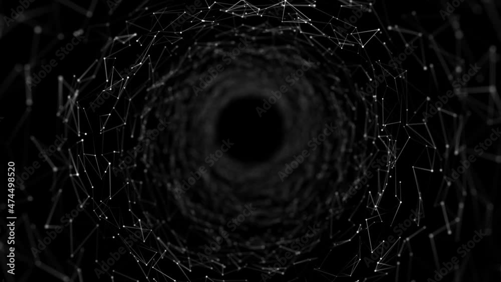 Technology wireframe tunnel on black background. Futuristic 3D wormhole grid. Big data visualization. 3D rendering.