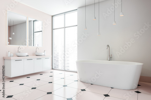 Light bathroom interior with bathtub  sinks with mirror and panoramic windows