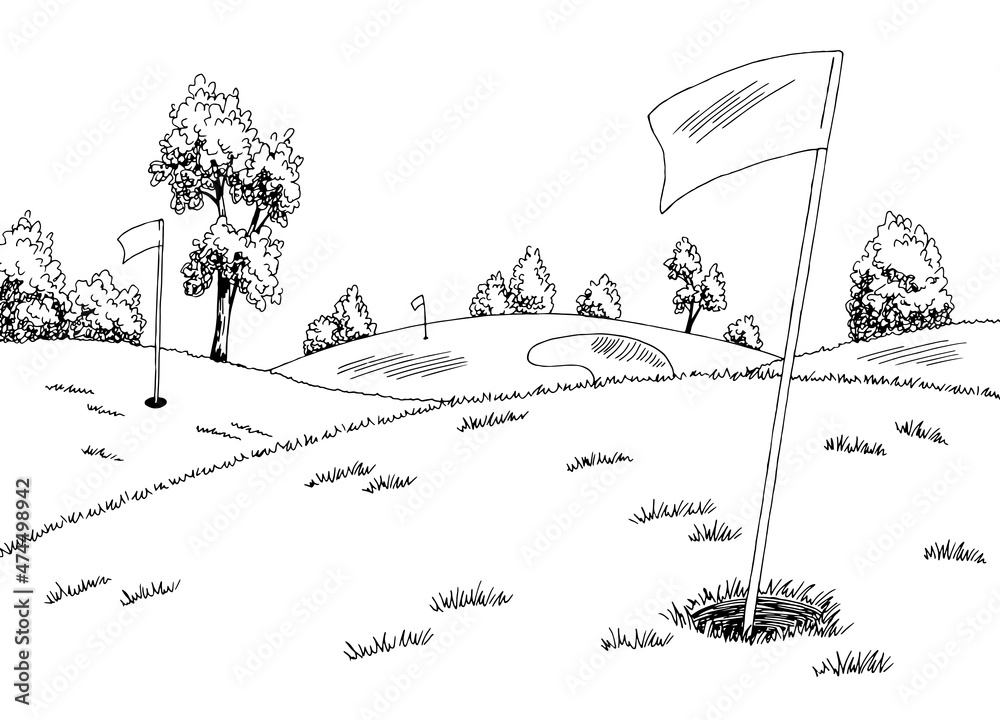 Golf course graphic art black white landscape sketch illustration