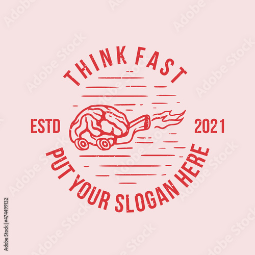 vintage logo fast moving brain with wheels and exhaust emitting fire