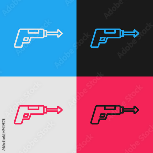 Pop art line Fishing harpoon icon isolated on color background. Fishery manufacturers for catching fish under water. Diving underwater equipment. Vector
