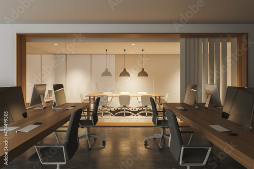 Bright office room interior with desktops  armchairs  conference board