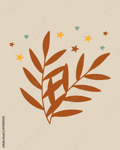 Vector illustration of branches and stars in the style of kids boho. Boho style nursery decoration.