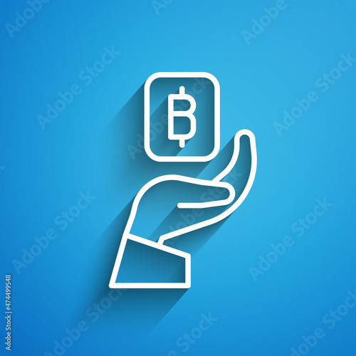 White line Hand holding Bitcoin icon isolated on blue background. Blockchain technology, digital money market, cryptocoin wallet. Long shadow. Vector
