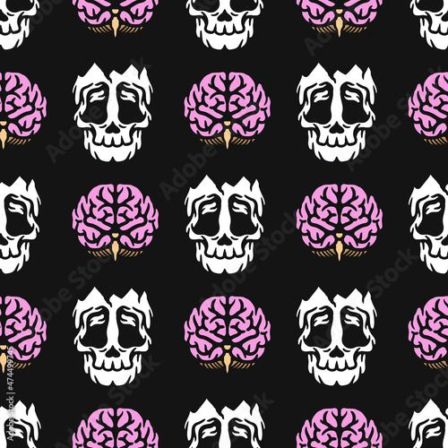 skull and brain cracked seamless pattern