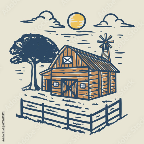 landscape illustration of a farmhouse with a fence and trees in the daytime