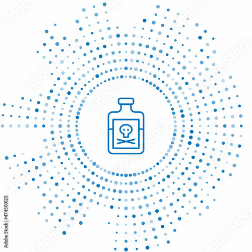 Blue line Poison in bottle icon isolated on white background. Bottle of poison or poisonous chemical toxin. Abstract circle random dots. Vector
