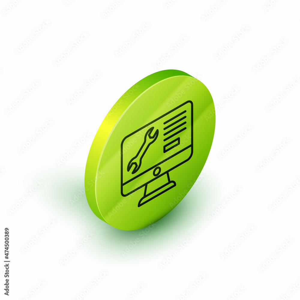 Isometric line Computer monitor with wrench icon isolated on white background. Adjusting, service, setting, maintenance, repair. Green circle button. Vector