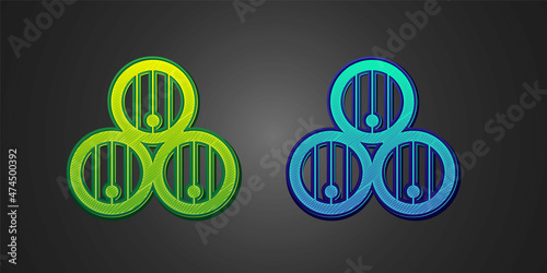 Green and blue Wooden barrel icon isolated on black background. Alcohol barrel, drink container, wooden keg for beer, whiskey, wine. Vector