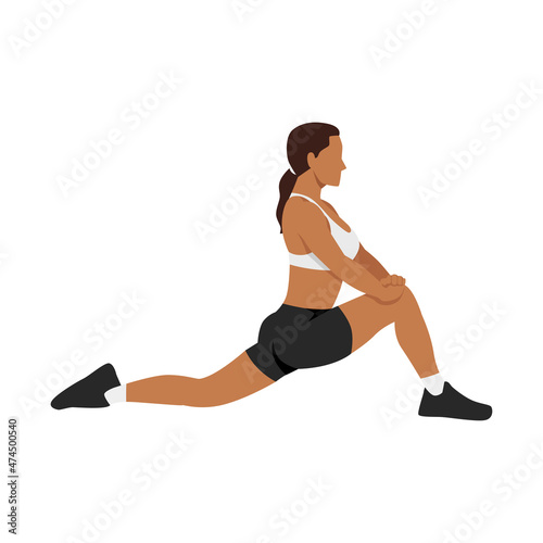 Woman doing hip flexor stretch exercise flat vector illustration isolated on white background