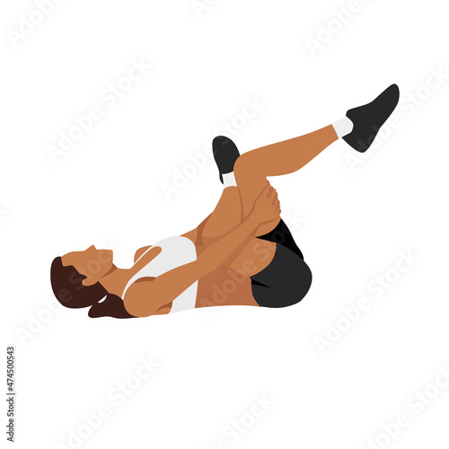 Woman doing gluten stretch exercise flat vector illustration isolated on white background