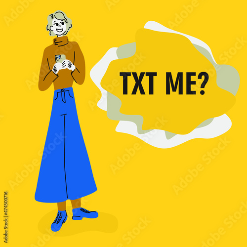 Cute young woman uses a smartphone. The girl holds a gadget and asks "text me?". Posting in social networks. Internet addiction. Vector illustration in flat style on yhe yellow background