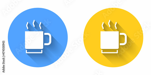 White Coffee cup icon isolated with long shadow background. Tea cup. Hot drink coffee. Circle button. Vector