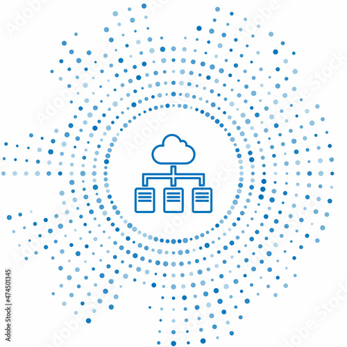 Blue line Online working icon isolated on white background. Freelancer man working on laptop at his house. Remote work. Distant job concept. Abstract circle random dots. Vector