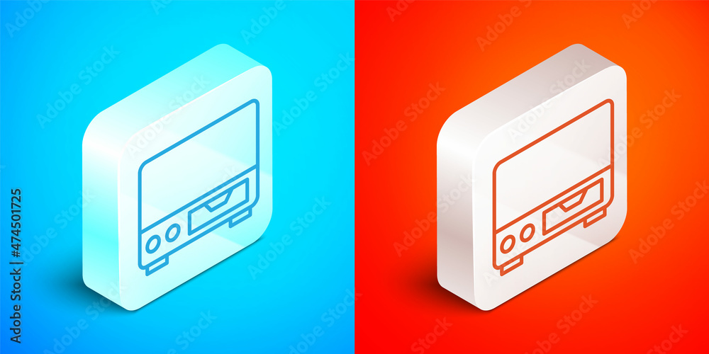 Isometric line Old video cassette player icon isolated on blue and red background. Old beautiful retro hipster video cassette recorder. Silver square button. Vector Isometric line Old video cassette player icon isolated on blue and red background. Old beautiful retro hipster video cassette recorder. Silver square button. Vector